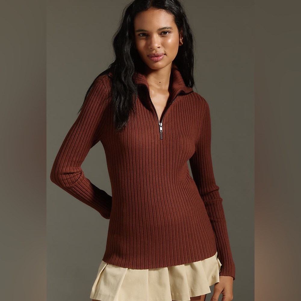 Maeve Fitted Half-Zip Sweater - Brown